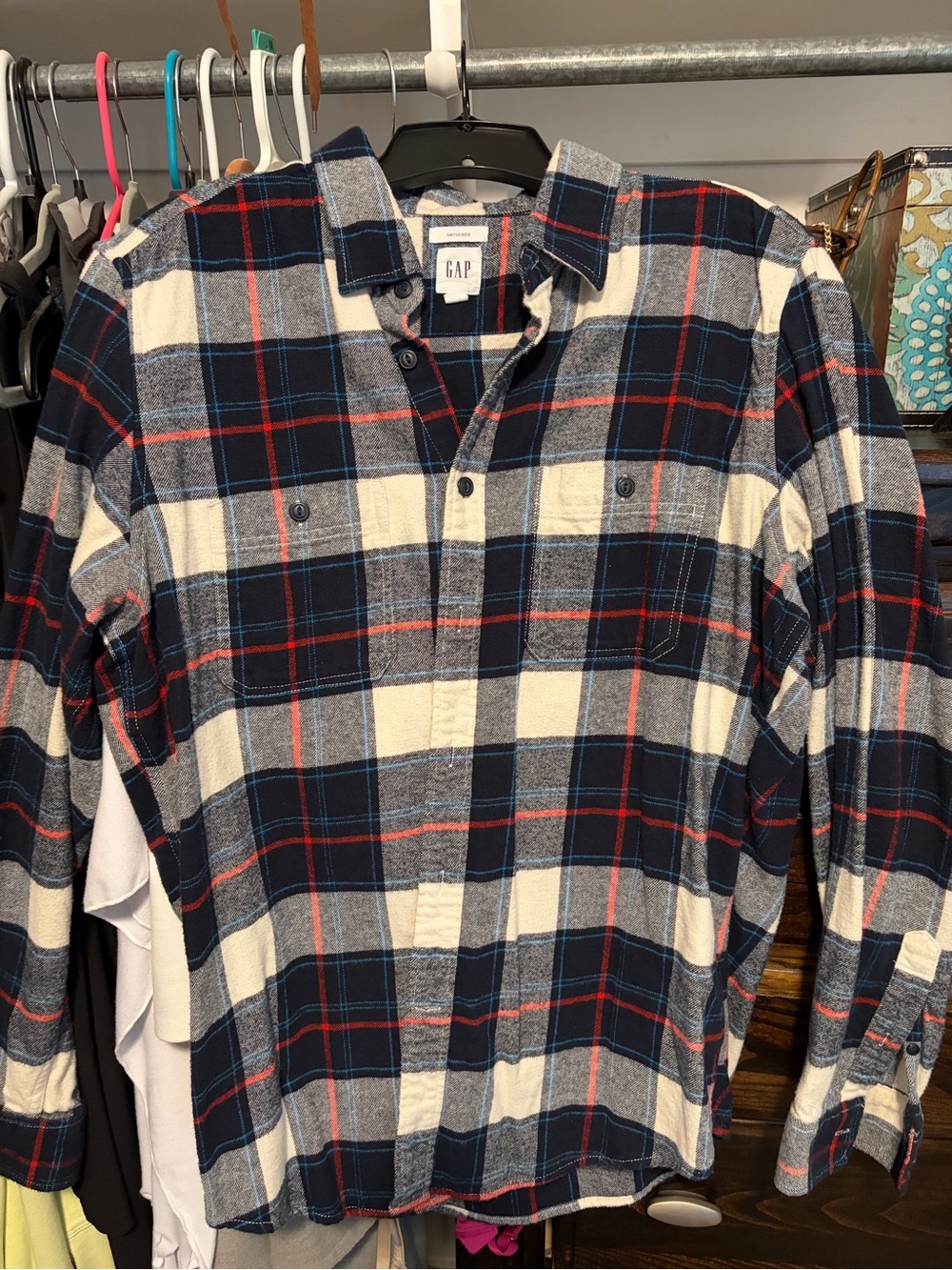 GAP Men’s Navy, Cream & Red Plaid Button-Down Shirt